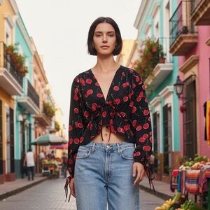 🍒 The Kooples | “La Cerise” Cherry Print Blouse | Black/Red | Size 2 (US Med)